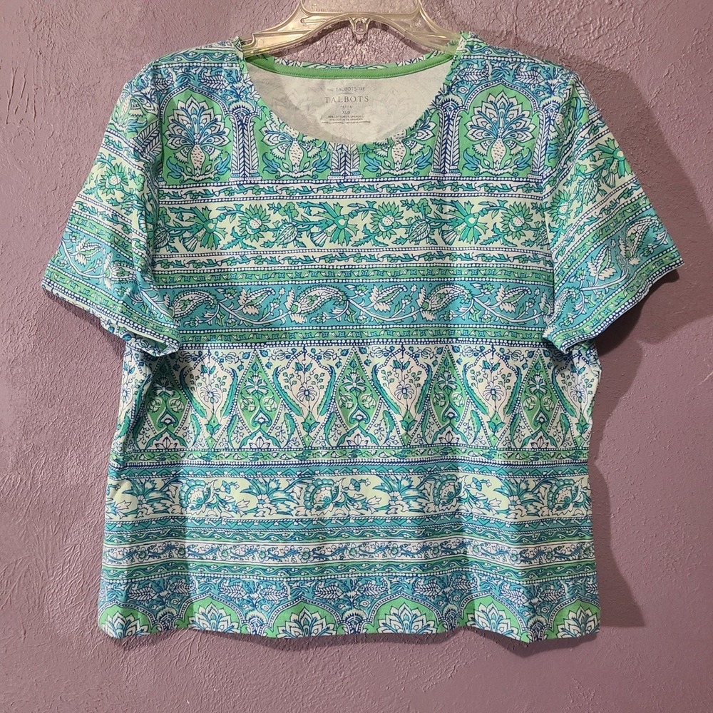 The Talbots Tee T-Shirt Womens XL Petite Green Blue Paisley Floral Short Sleeve